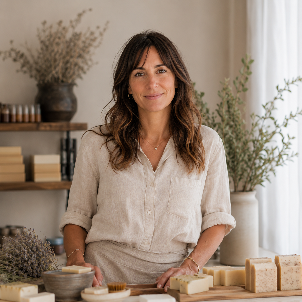 Linden Carver, proprietor, standing at her counter in the back room of the shop, surrounded by dried botanicals and curing soaps.