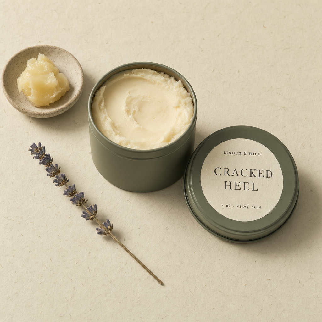 A small tin of Cracked Heel balm with the lid set askew, on a linen kitchen towel.