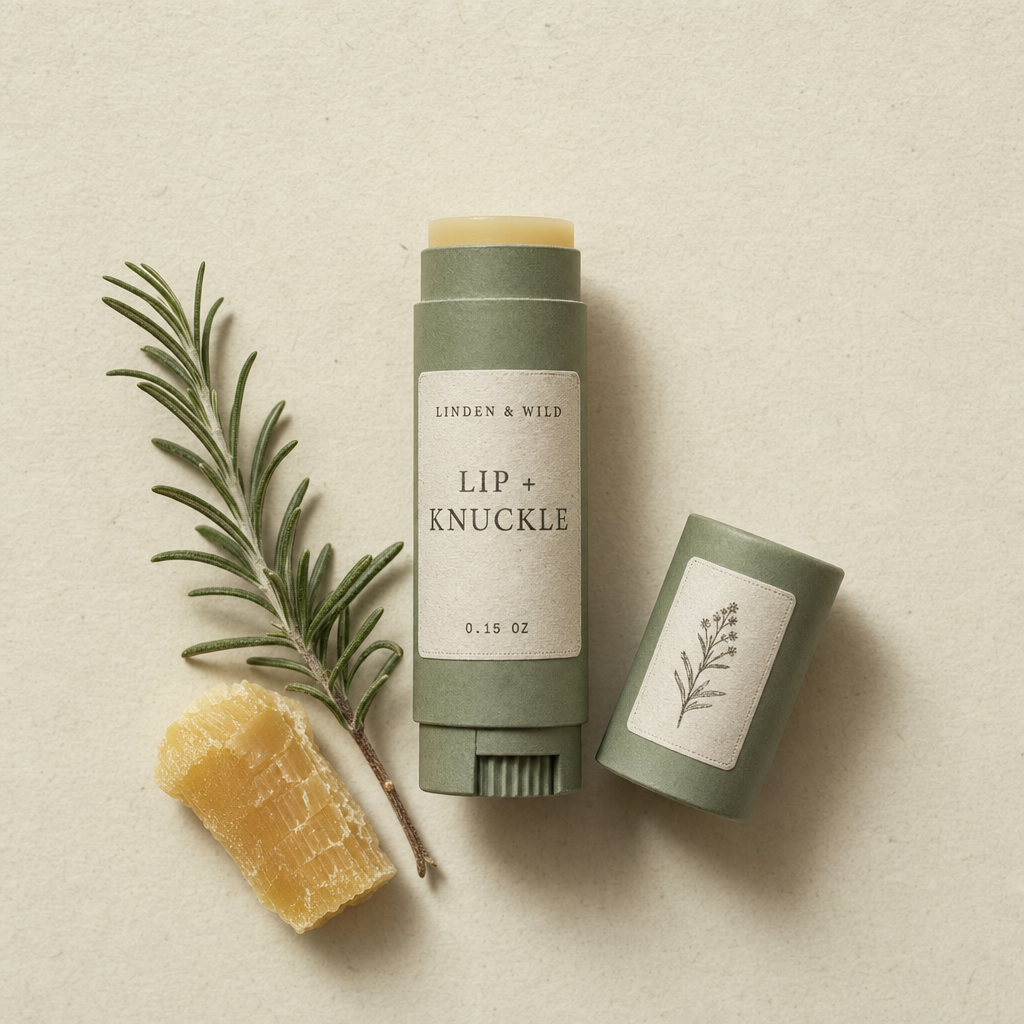 A small tin of Lip + Knuckle balm with the lid set askew, on a linen kitchen towel.