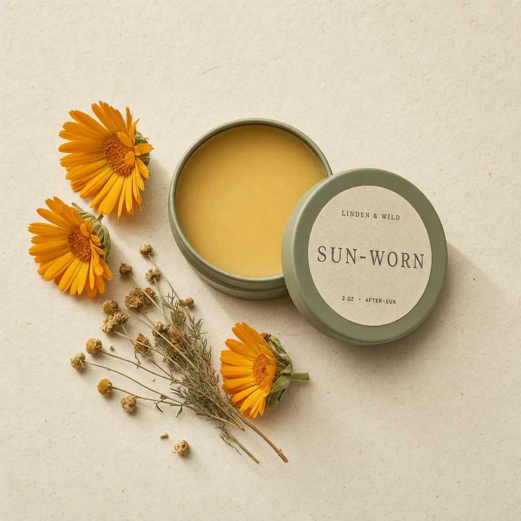 A small tin of Sun-Worn balm with the lid set askew, on a linen kitchen towel.