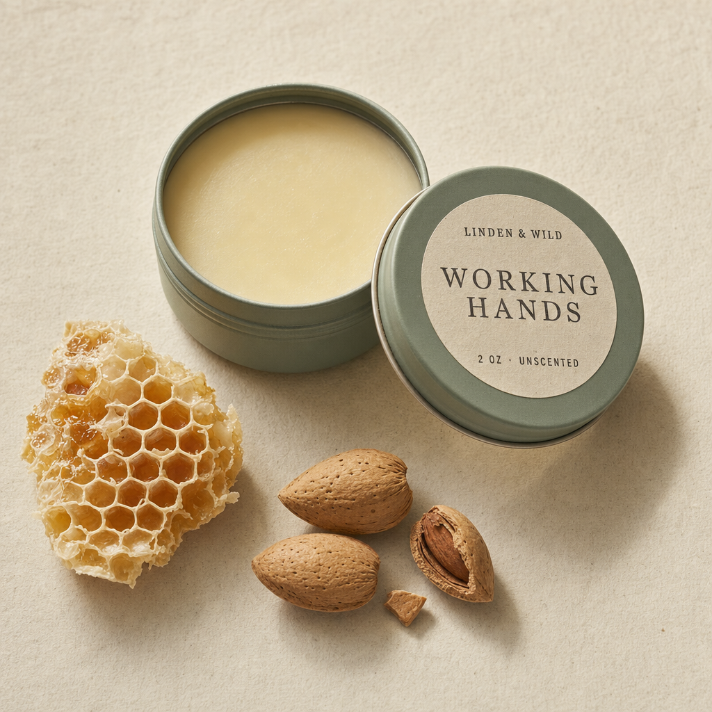 A small tin of Working Hands balm with the lid set askew, on a linen kitchen towel.