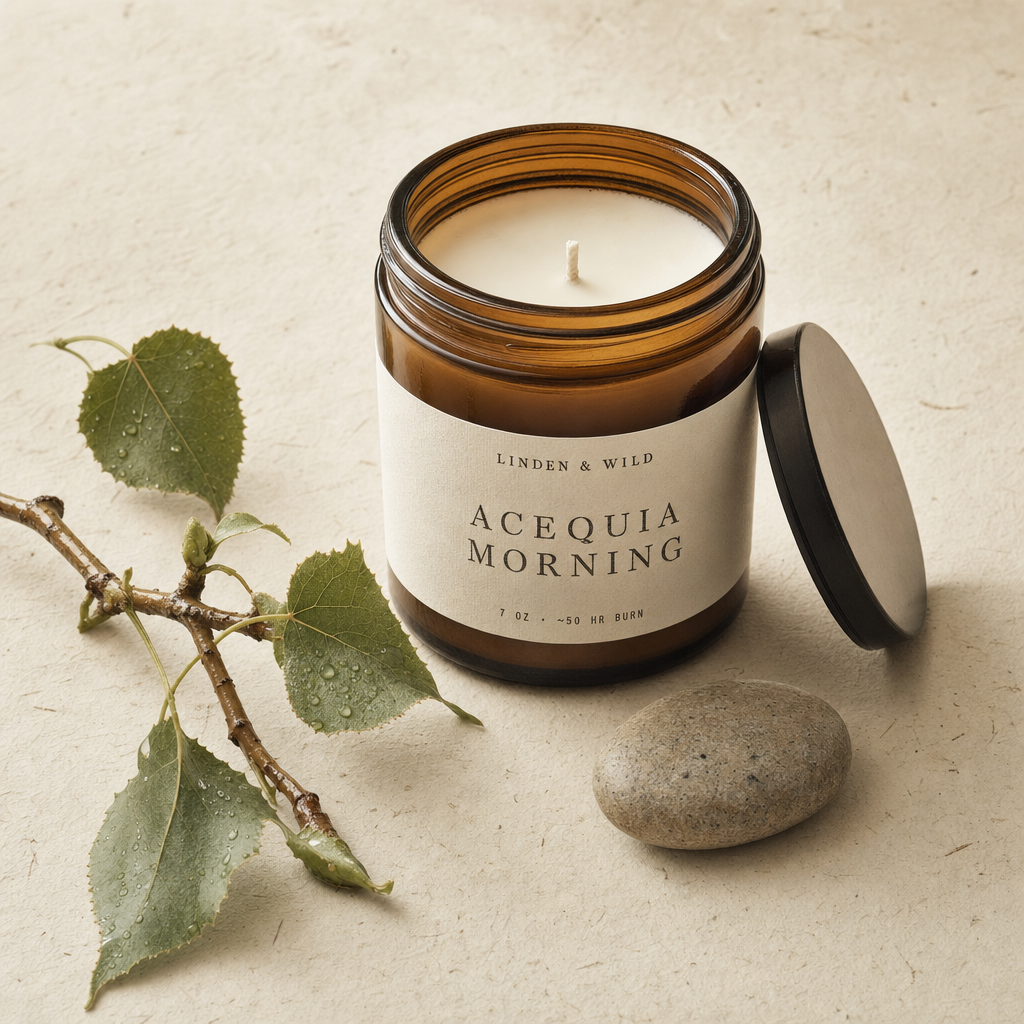 A Acequia Morning soy-wax candle in an amber glass jar on a ceramic plate, unlit, in side-light.