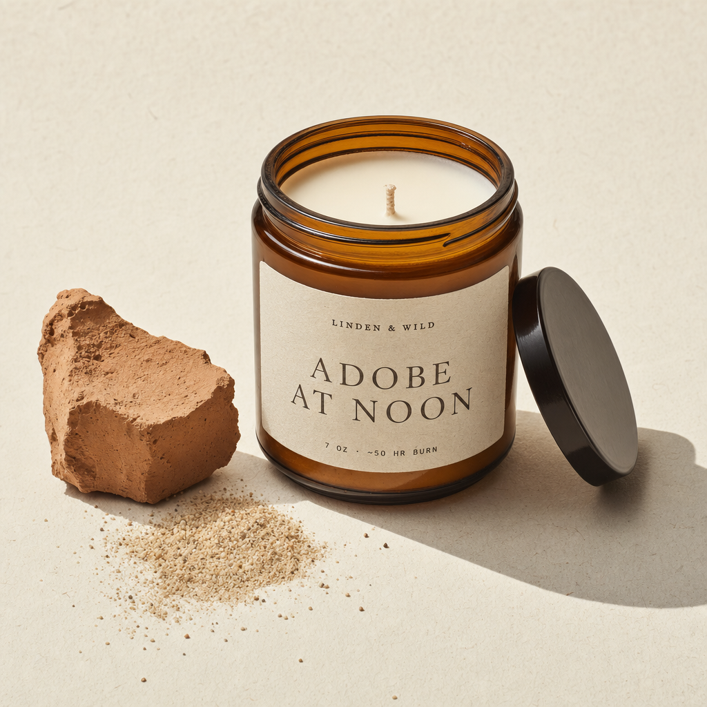 A Adobe at Noon soy-wax candle in an amber glass jar on a ceramic plate, unlit, in side-light.
