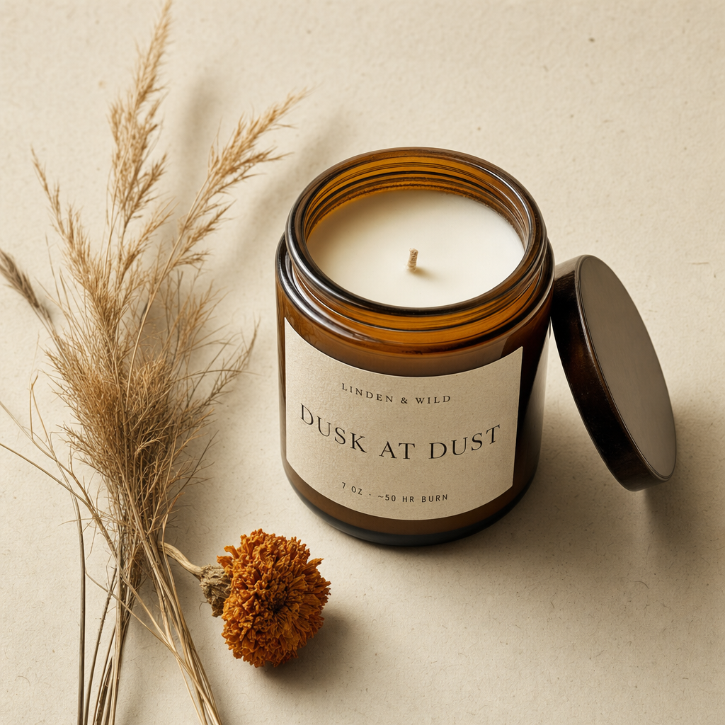 A Dust at Dusk soy-wax candle in an amber glass jar on a ceramic plate, unlit, in side-light.