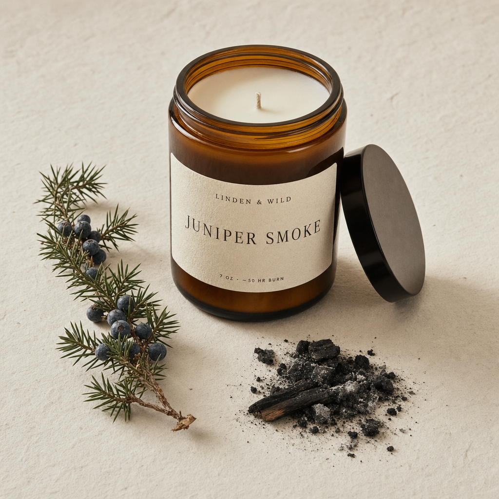 A Juniper Smoke soy-wax candle in an amber glass jar on a ceramic plate, unlit, in side-light.