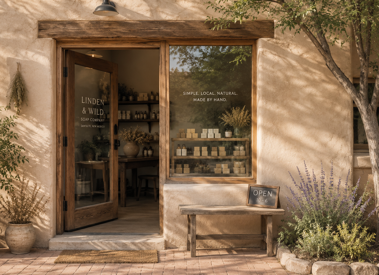 The Linden & Wild storefront on Don Cubero Alley: an open wooden door into the shop with stenciled signage, a window of shelved soaps marked Simple. Local. Natural. Made by hand., a wooden bench with an Open placard, and lavender in a terracotta pot at the edge.