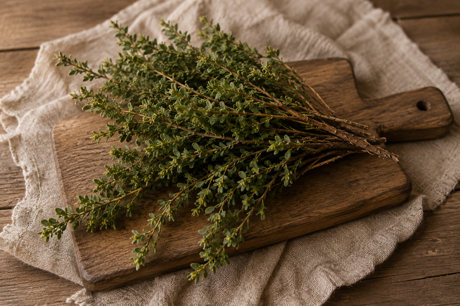 A bundle of fresh creosote bush branches resting on a wooden cutting board lined with a linen cloth.