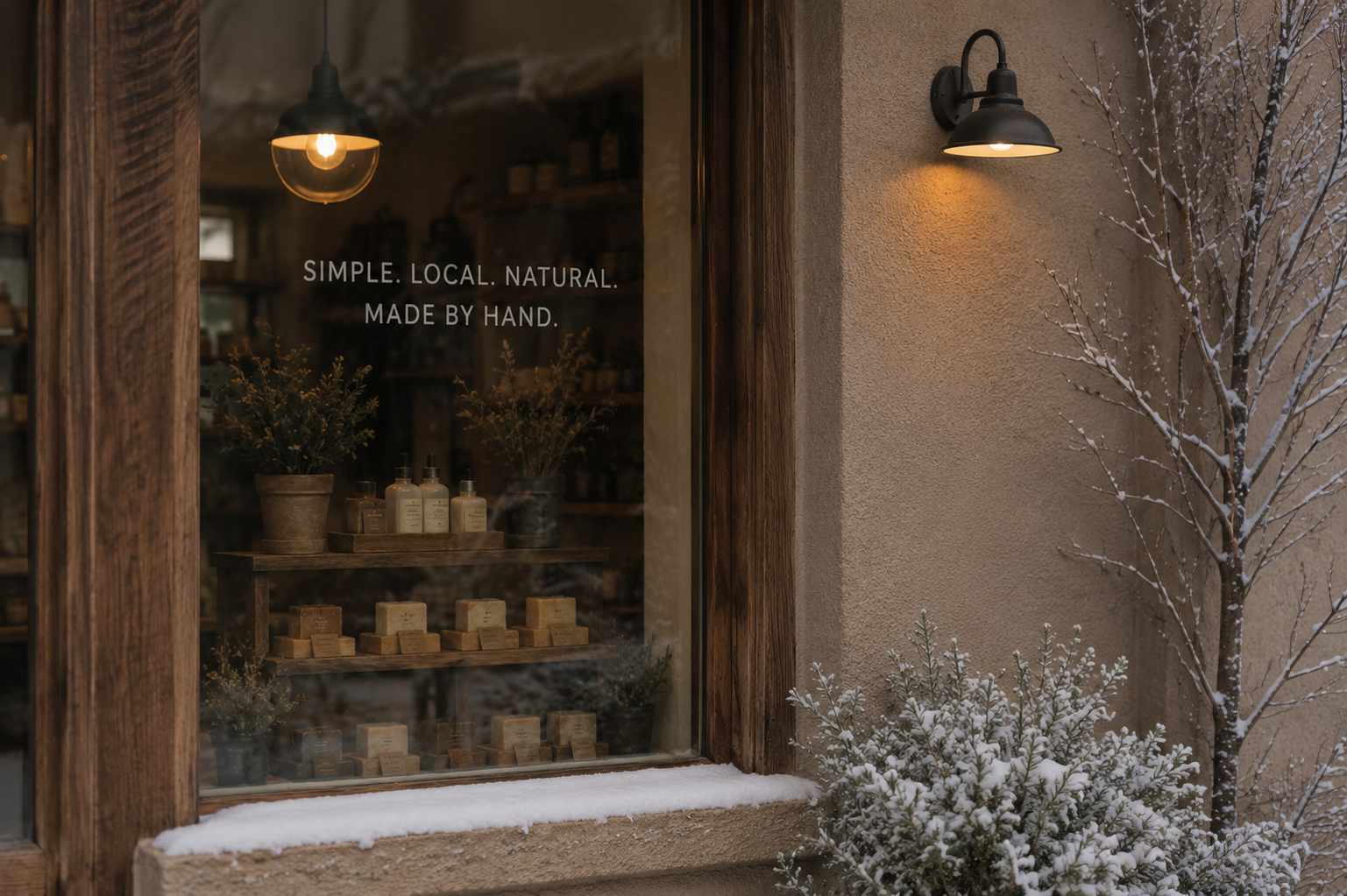 The Linden & Wild shop window from outside on a winter evening: pendant lamps lit, soaps stacked on shelves inside, snow on a juniper bush below the sill.