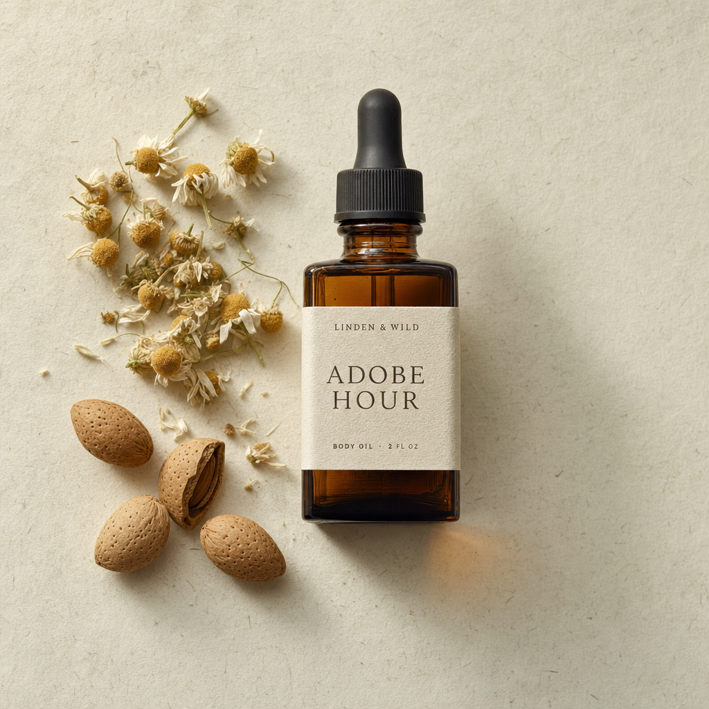 A dropper bottle of Adobe Hour body oil on a wood surface, with dried botanicals beside it.