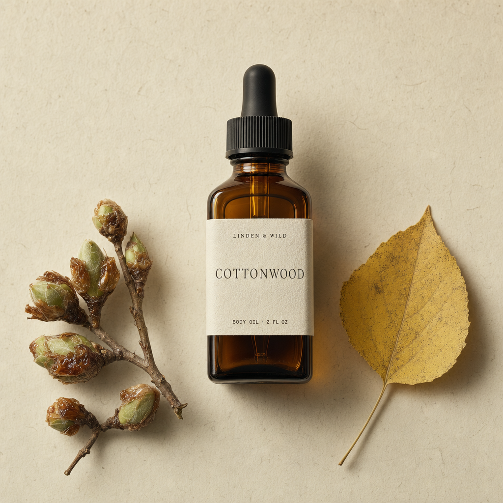 A dropper bottle of Cottonwood body oil on a wood surface, with dried botanicals beside it.