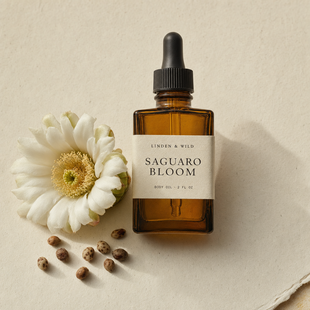 A dropper bottle of Saguaro Bloom body oil on a wood surface, with dried botanicals beside it.
