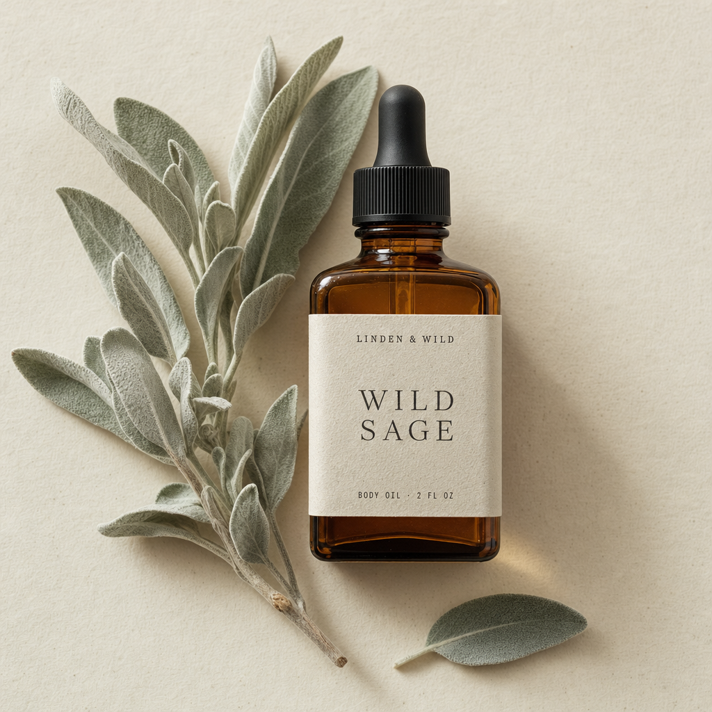 A dropper bottle of Wild Sage body oil on a wood surface, with dried botanicals beside it.
