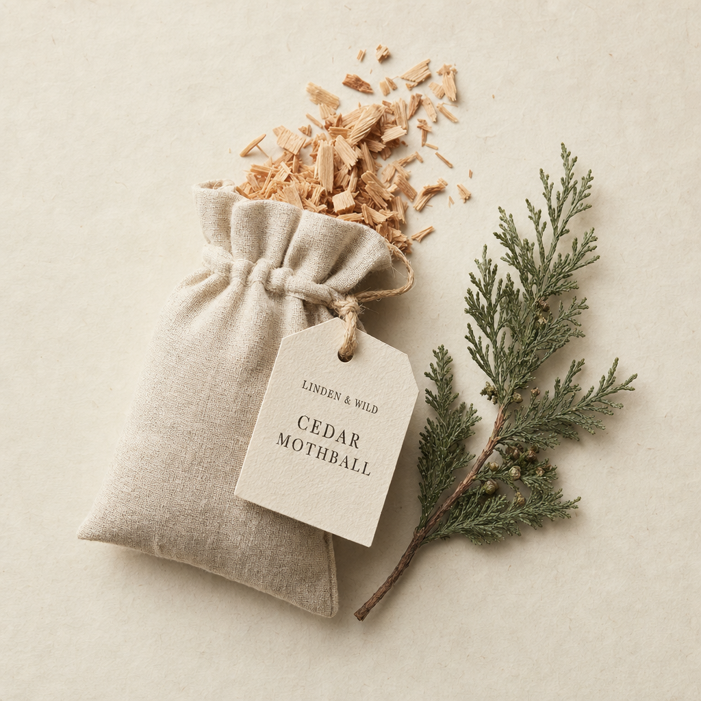 A small linen pouch of Cedar Mothball dried herbs, on a slate surface with a sprig of the named ingredient beside it.