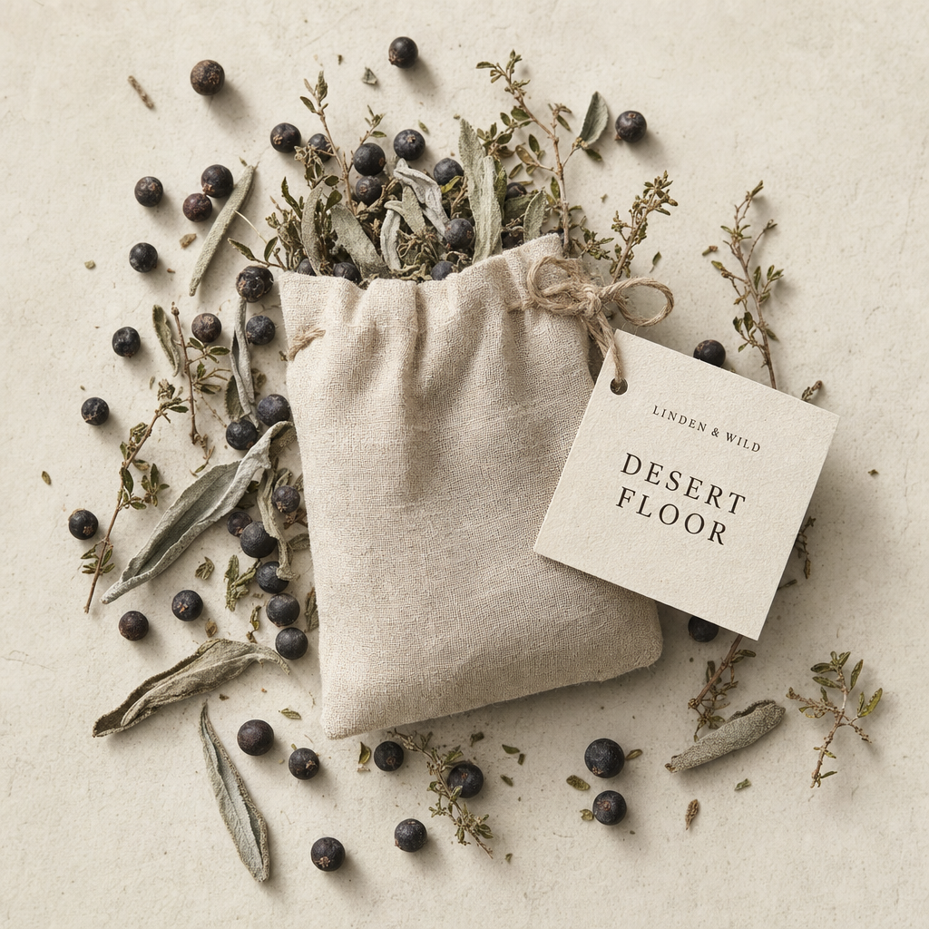 A small linen pouch of Desert Floor dried herbs, on a slate surface with a sprig of the named ingredient beside it.