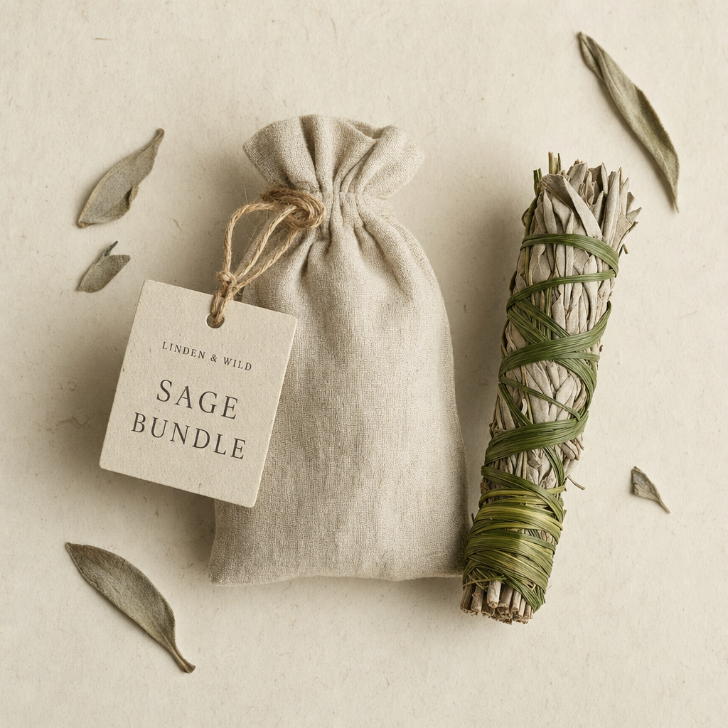 A small linen pouch of Sage Bundle dried herbs, on a slate surface with a sprig of the named ingredient beside it.