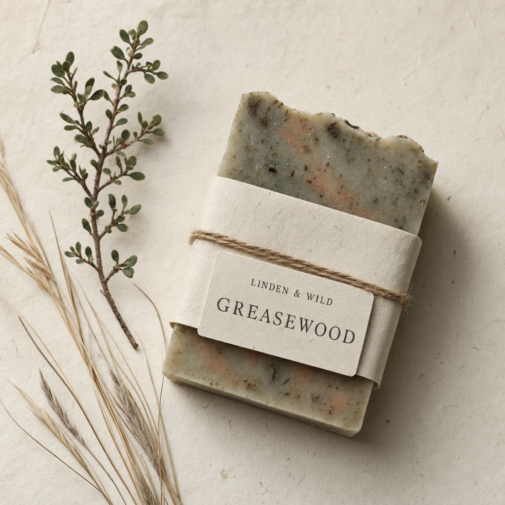 A bar of Greasewood soap on a wooden cutting board, late-afternoon side-light catching the texture.