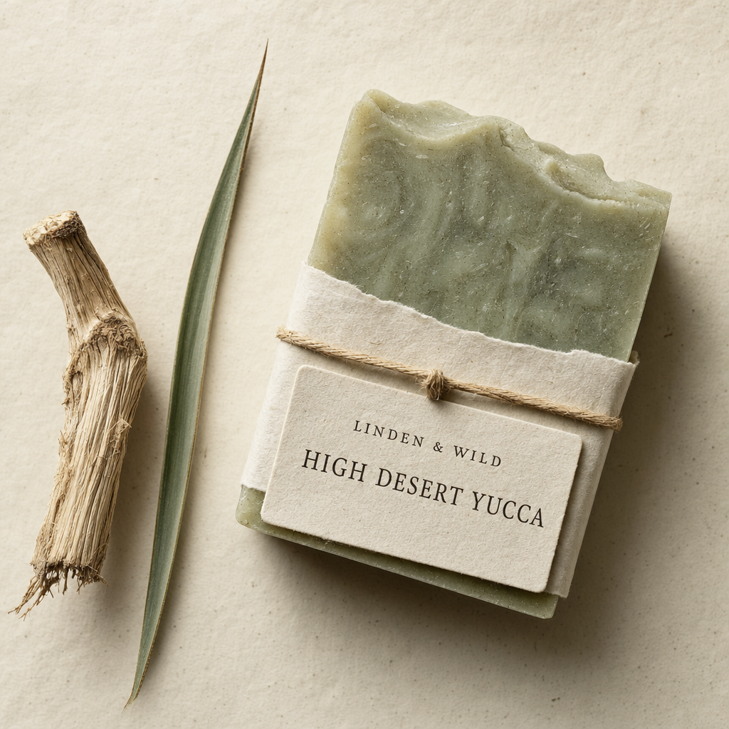 A bar of High Desert Yucca soap on a wooden cutting board, late-afternoon side-light catching the texture.