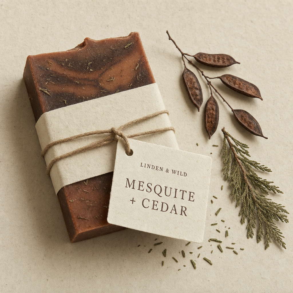 A bar of Mesquite & Cedar soap on a wooden cutting board, late-afternoon side-light catching the texture.