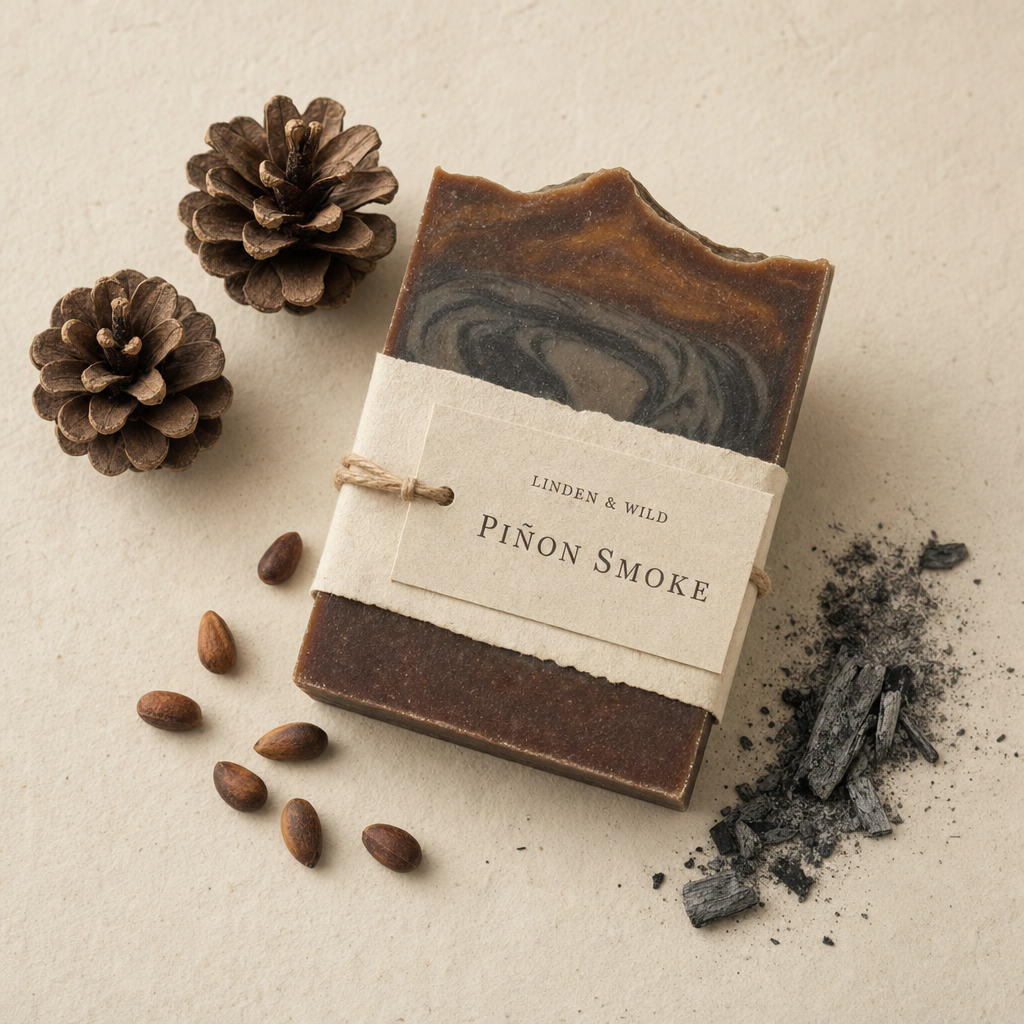 A bar of Piñon Smoke soap on a wooden cutting board, late-afternoon side-light catching the texture.