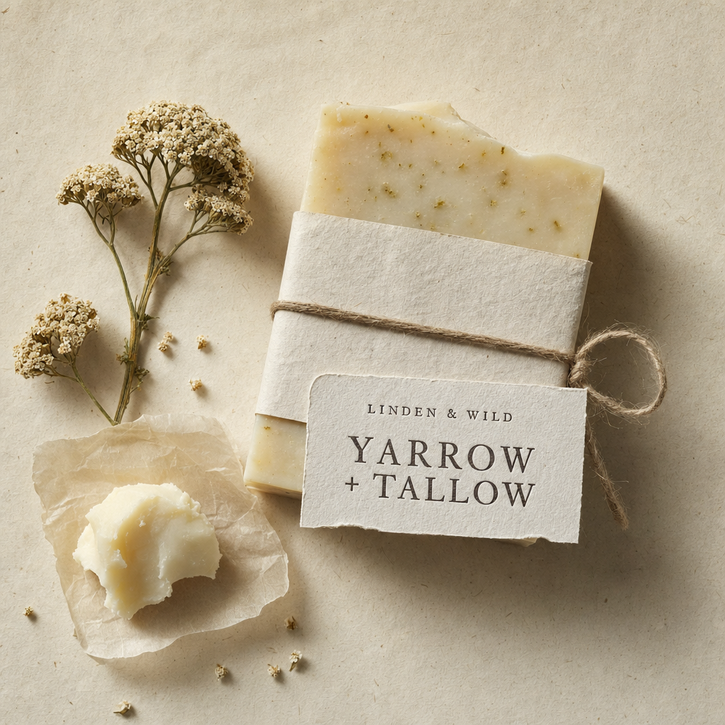 A bar of Yarrow & Tallow soap on a wooden cutting board, late-afternoon side-light catching the texture.